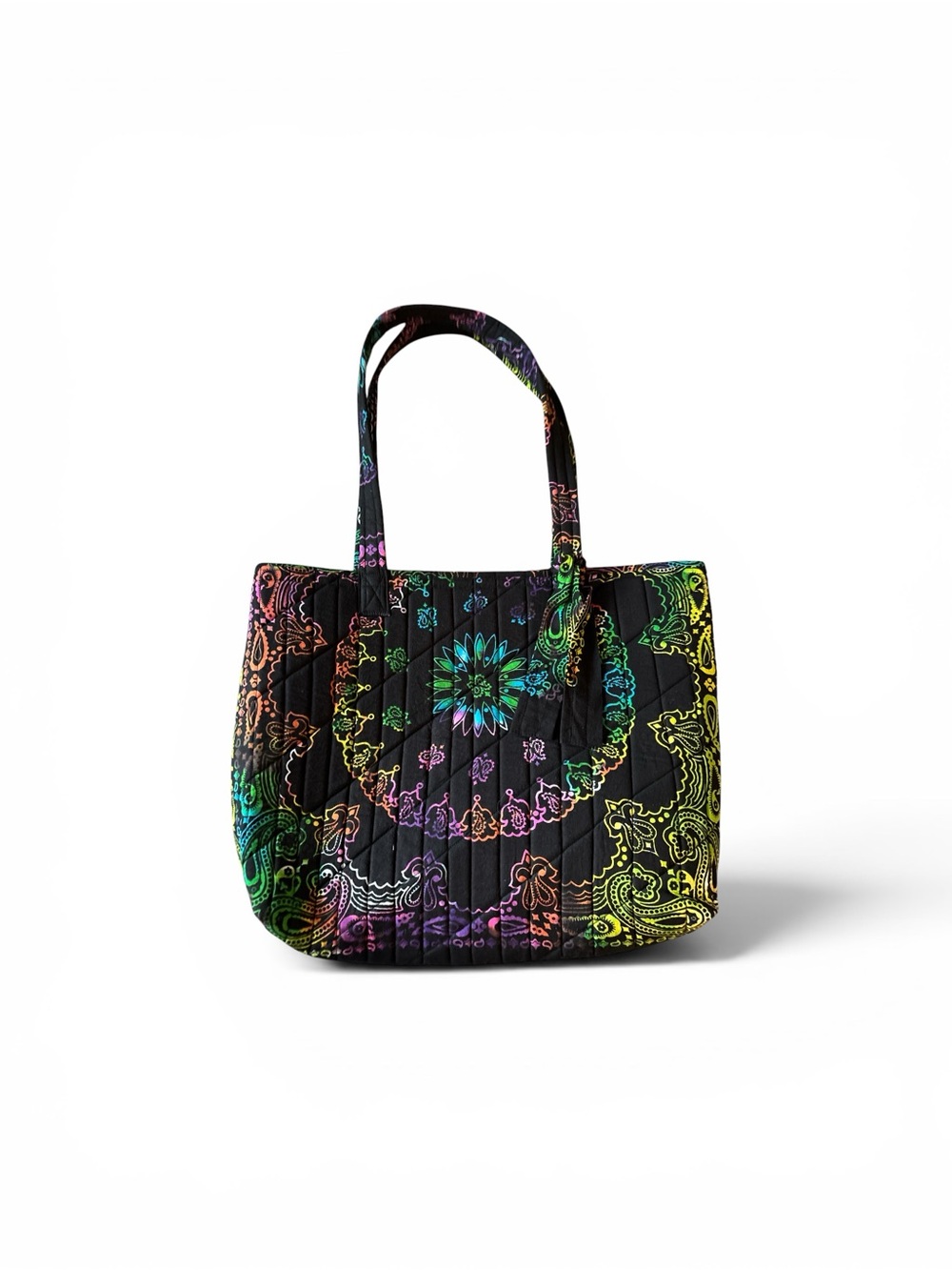Quilted Bandana Black Tote with Rainbow Paisley Pattern